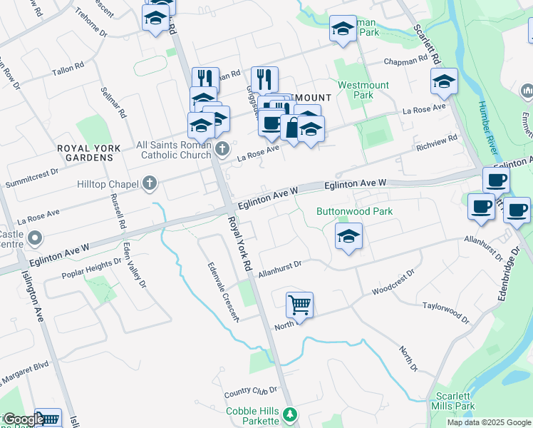 map of restaurants, bars, coffee shops, grocery stores, and more near 45 Swordbill Drive in Toronto