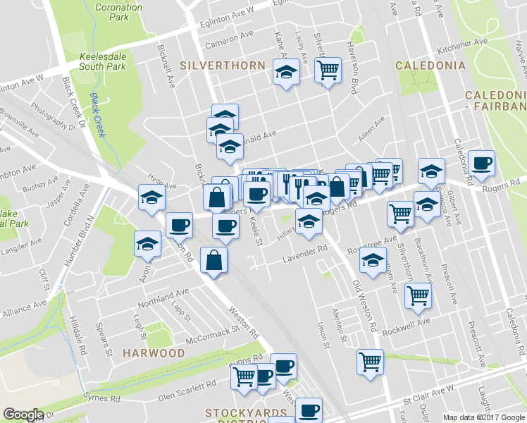 map of restaurants, bars, coffee shops, grocery stores, and more near 567 Rogers Road in Toronto