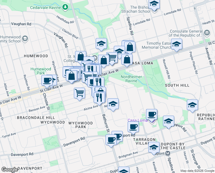map of restaurants, bars, coffee shops, grocery stores, and more near in Toronto