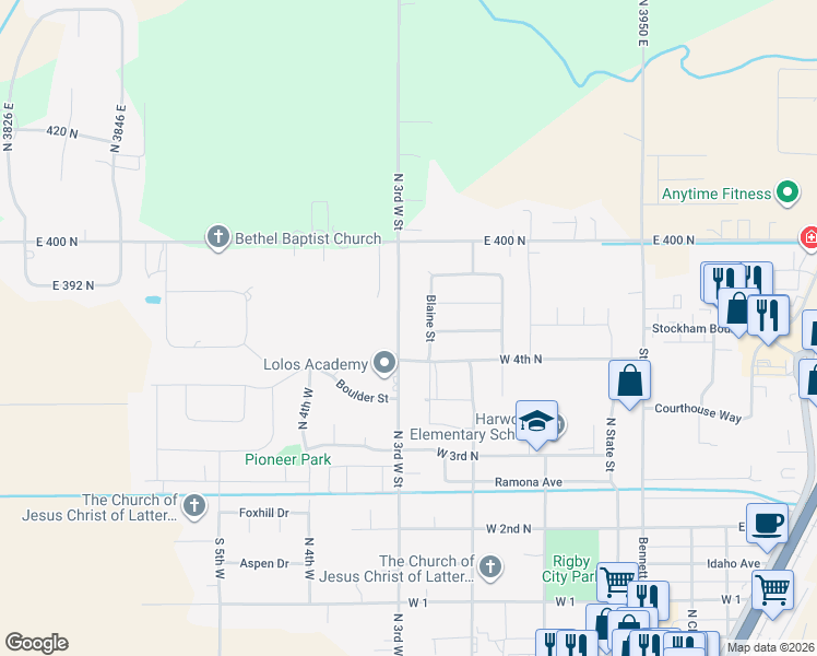 map of restaurants, bars, coffee shops, grocery stores, and more near 548 North 3rd West Street in Rigby
