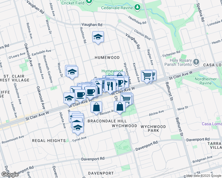 map of restaurants, bars, coffee shops, grocery stores, and more near 1 Humewood Drive in Toronto