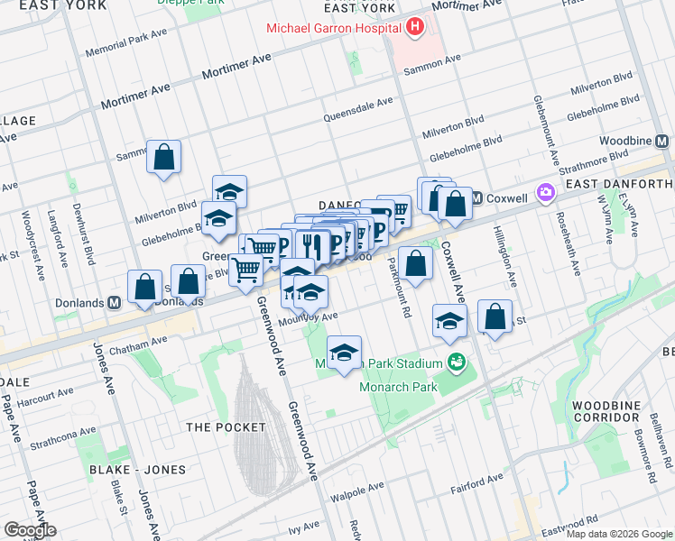 map of restaurants, bars, coffee shops, grocery stores, and more near 1355 Danforth Avenue in Toronto