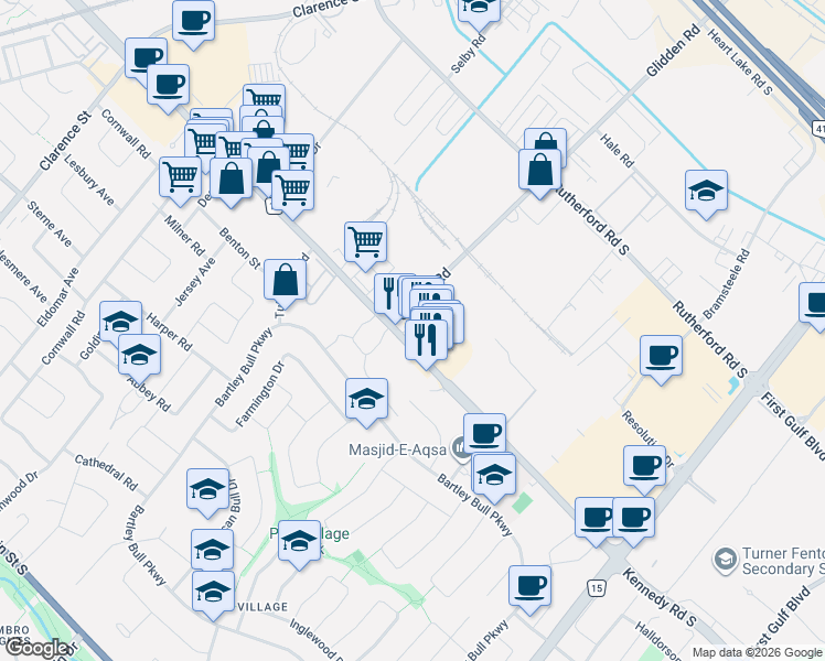 map of restaurants, bars, coffee shops, grocery stores, and more near 158 Kennedy Road South in Brampton