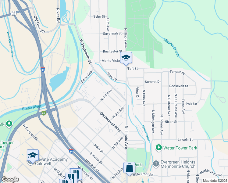 map of restaurants, bars, coffee shops, grocery stores, and more near 108 East Omaha Street in Caldwell