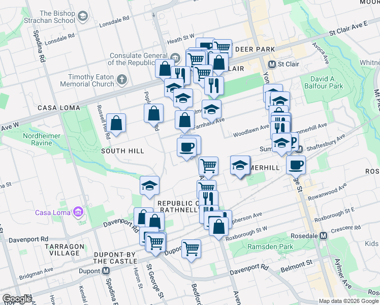 map of restaurants, bars, coffee shops, grocery stores, and more near 396 Avenue Road in Toronto