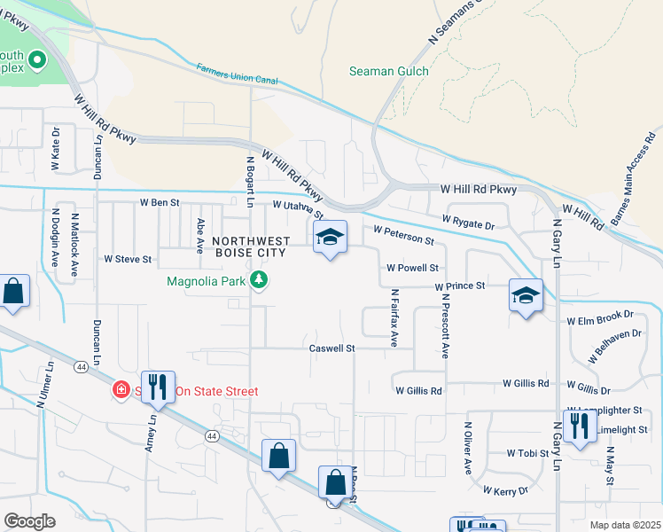 map of restaurants, bars, coffee shops, grocery stores, and more near 8301 West Sloan Street in Garden City
