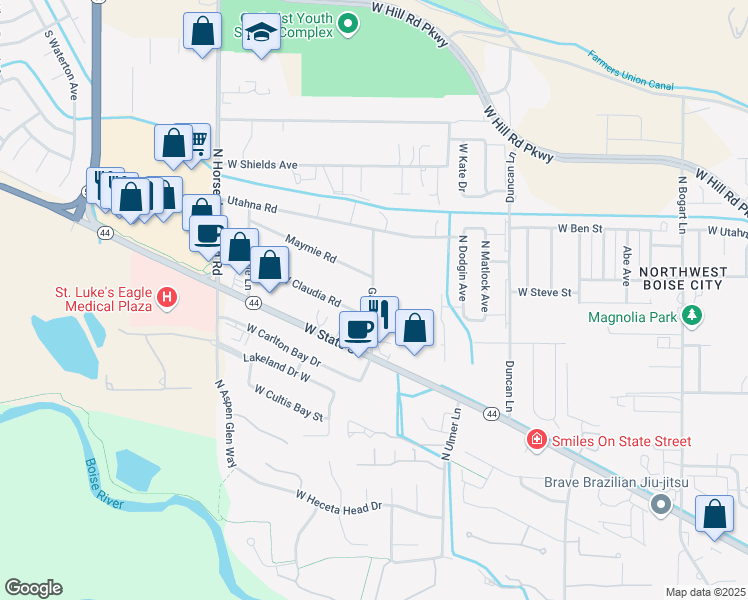 map of restaurants, bars, coffee shops, grocery stores, and more near 7246 Gardener Lane in Boise