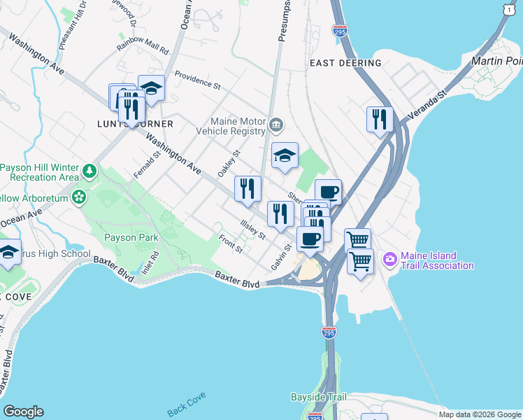 map of restaurants, bars, coffee shops, grocery stores, and more near 572 Maine 26 in Portland