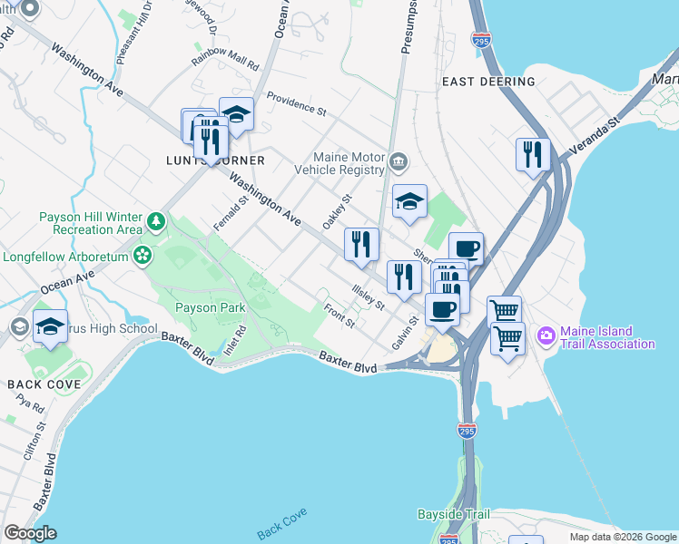 map of restaurants, bars, coffee shops, grocery stores, and more near 103 Front Street in Portland