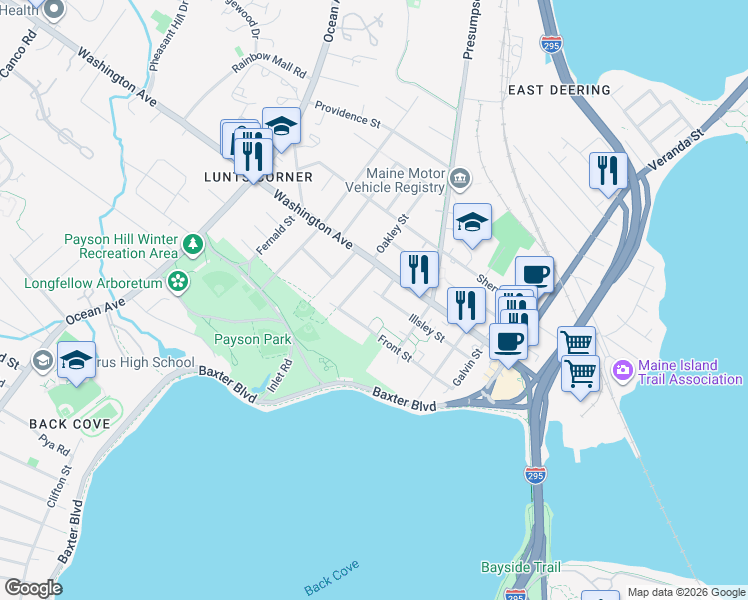 map of restaurants, bars, coffee shops, grocery stores, and more near 103 Front Street in Portland