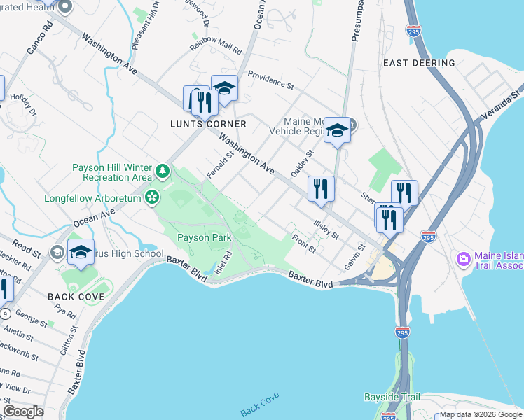 map of restaurants, bars, coffee shops, grocery stores, and more near 114 Front Street in Portland