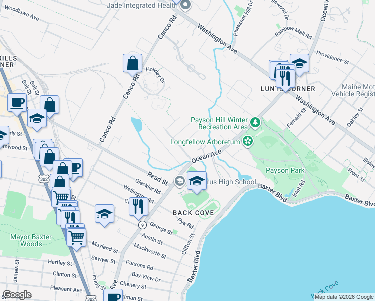 map of restaurants, bars, coffee shops, grocery stores, and more near 338 Ocean Avenue in Portland