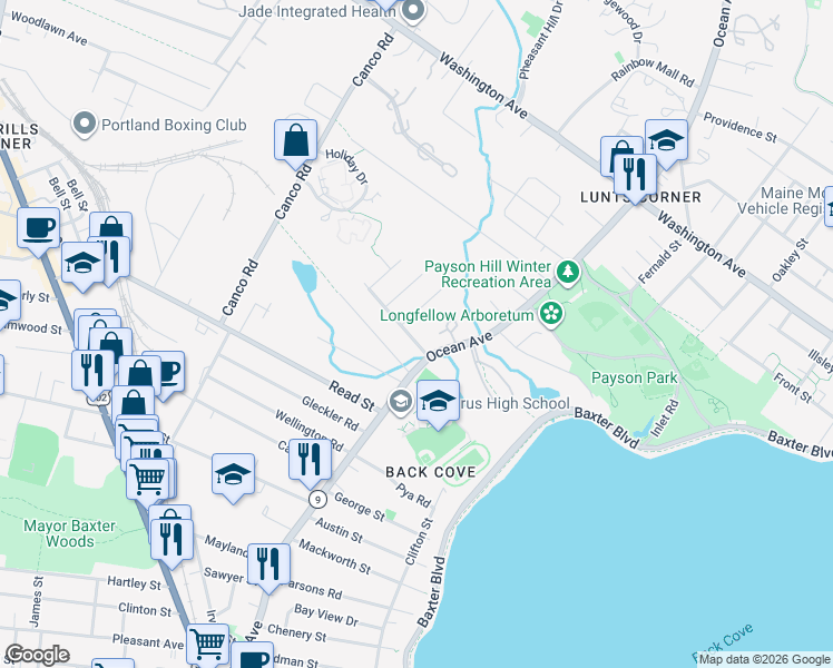 map of restaurants, bars, coffee shops, grocery stores, and more near 338 Ocean Avenue in Portland