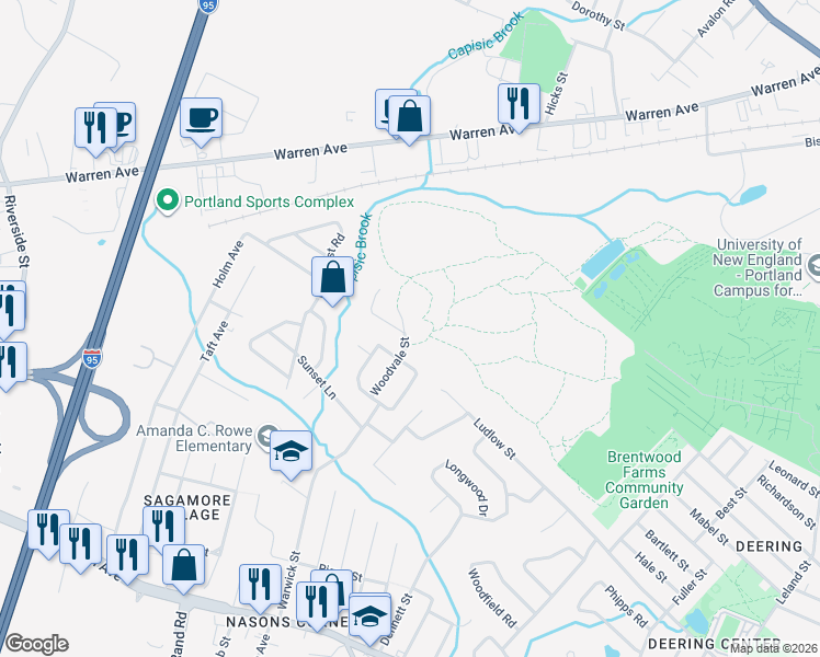 map of restaurants, bars, coffee shops, grocery stores, and more near 65 Glen Haven Road West in Portland