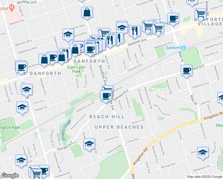 map of restaurants, bars, coffee shops, grocery stores, and more near in Toronto