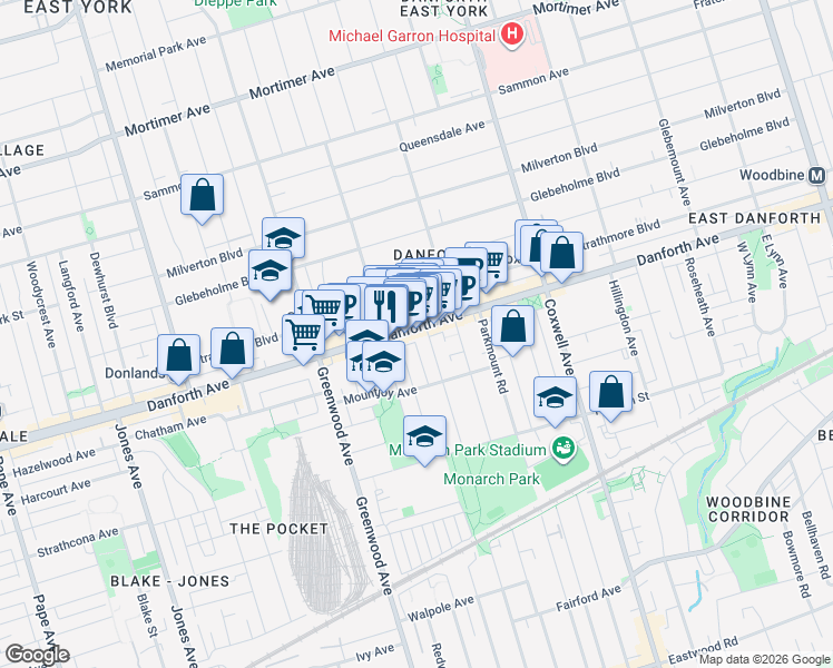 map of restaurants, bars, coffee shops, grocery stores, and more near 1307 A Danforth Avenue in Toronto