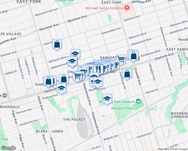 map of restaurants, bars, coffee shops, grocery stores, and more near 1275 Danforth Avenue in Toronto