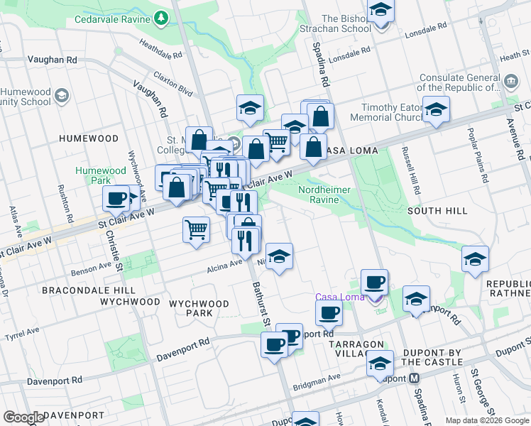 map of restaurants, bars, coffee shops, grocery stores, and more near in Toronto