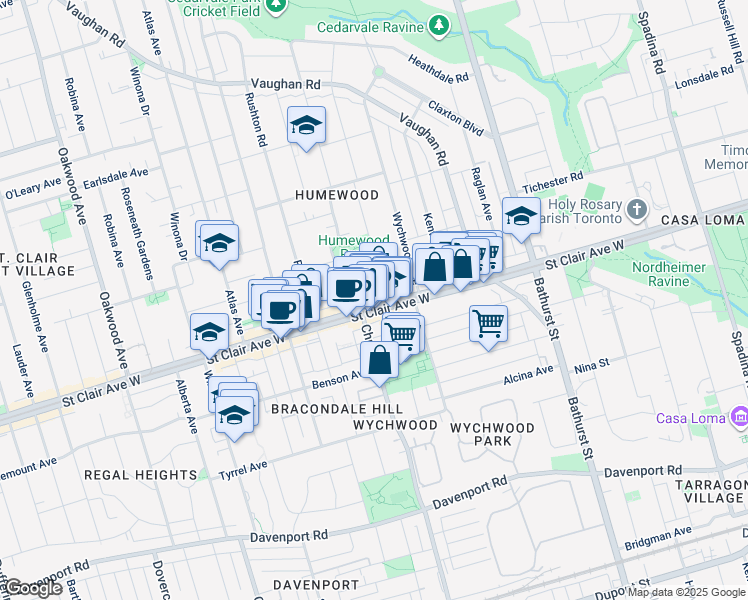map of restaurants, bars, coffee shops, grocery stores, and more near in Toronto