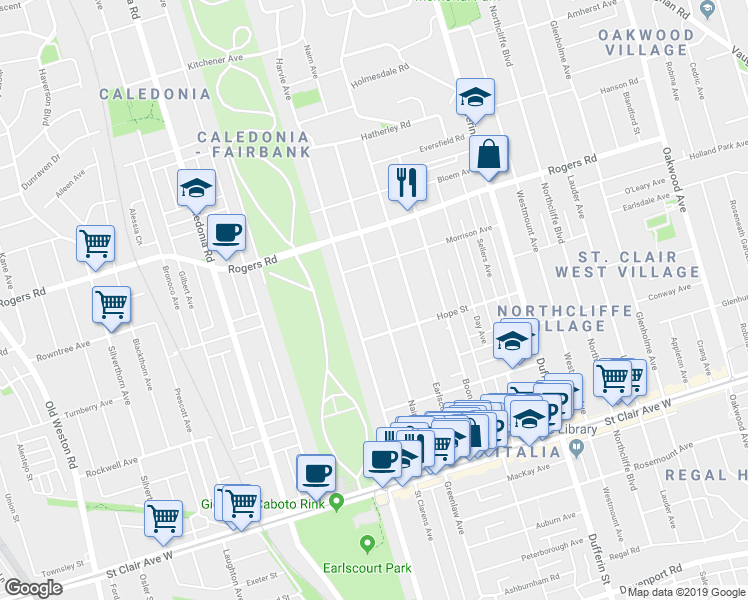map of restaurants, bars, coffee shops, grocery stores, and more near in Toronto