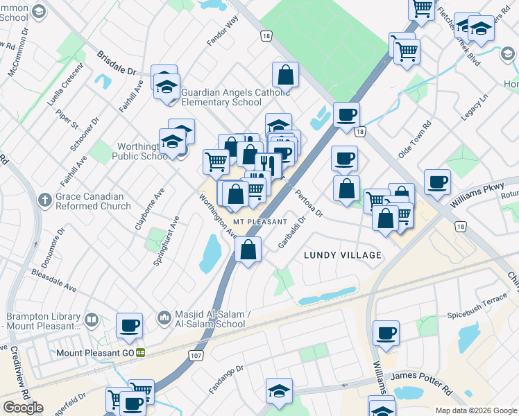 map of restaurants, bars, coffee shops, grocery stores, and more near in Brampton