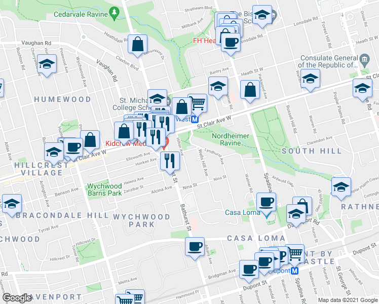 map of restaurants, bars, coffee shops, grocery stores, and more near 19 Melgund Road in Toronto