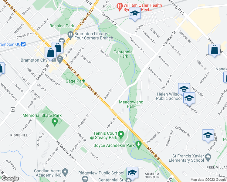 map of restaurants, bars, coffee shops, grocery stores, and more near 29 Guest Street in Brampton