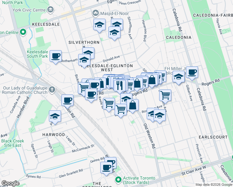 map of restaurants, bars, coffee shops, grocery stores, and more near in Toronto