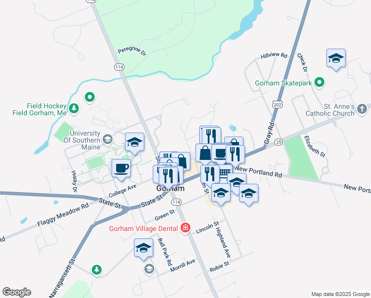 map of restaurants, bars, coffee shops, grocery stores, and more near 34 Church Street in Gorham