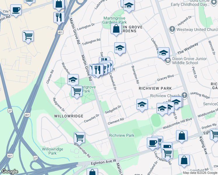 map of restaurants, bars, coffee shops, grocery stores, and more near 60 Callowhill Drive in Toronto