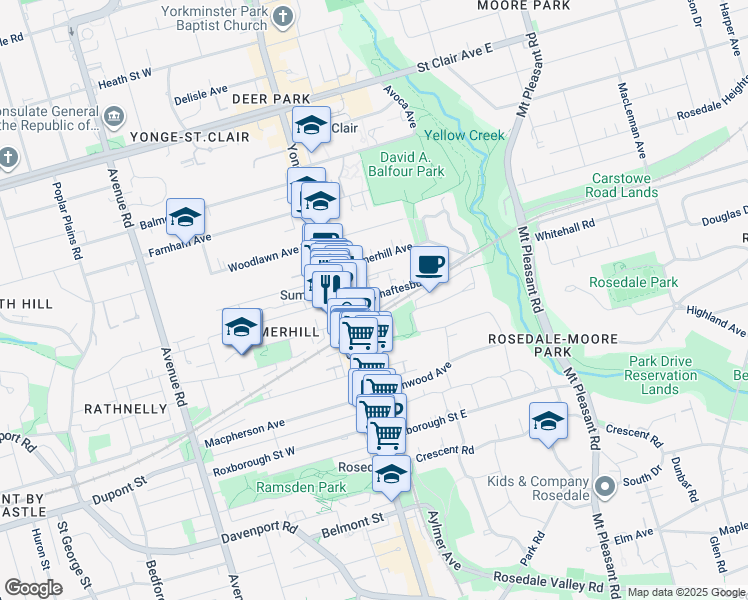 map of restaurants, bars, coffee shops, grocery stores, and more near 29 Shaftesbury Avenue in Toronto
