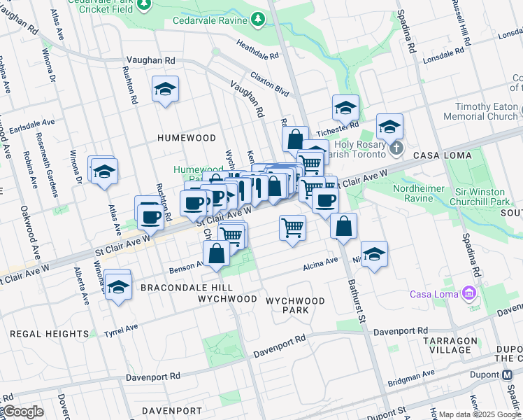 map of restaurants, bars, coffee shops, grocery stores, and more near 597 Saint Clair Avenue West in Toronto