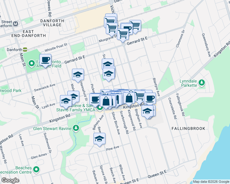 map of restaurants, bars, coffee shops, grocery stores, and more near 339 Scarborough Road in Toronto