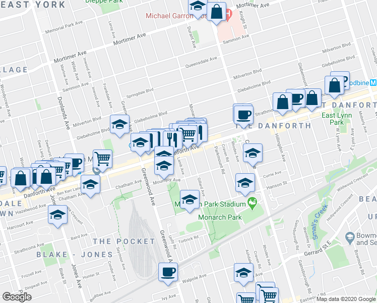 map of restaurants, bars, coffee shops, grocery stores, and more near 1367 Danforth Avenue in Toronto