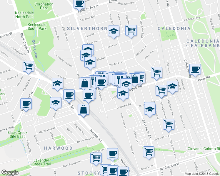 map of restaurants, bars, coffee shops, grocery stores, and more near 553 Rogers Road in Toronto