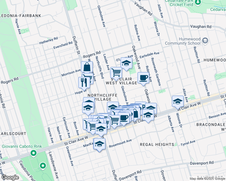 map of restaurants, bars, coffee shops, grocery stores, and more near 280 Lauder Avenue in Toronto