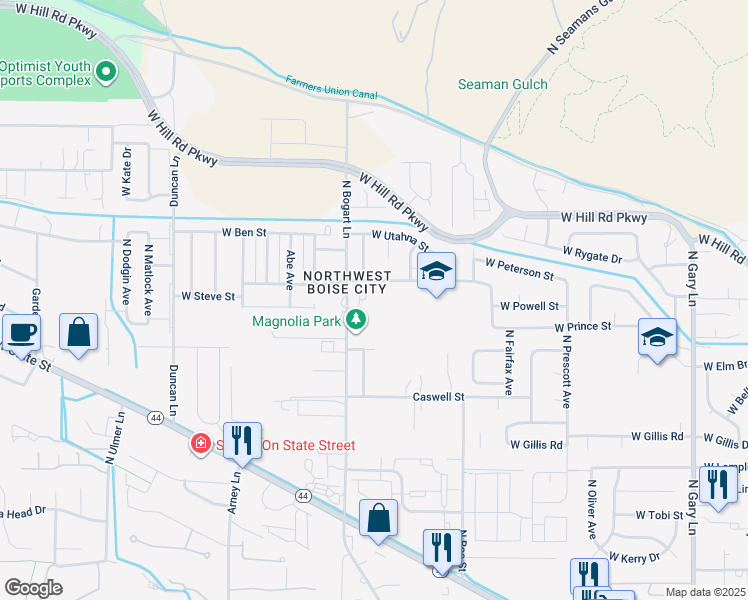 map of restaurants, bars, coffee shops, grocery stores, and more near 7136 North Bogart Lane in Boise