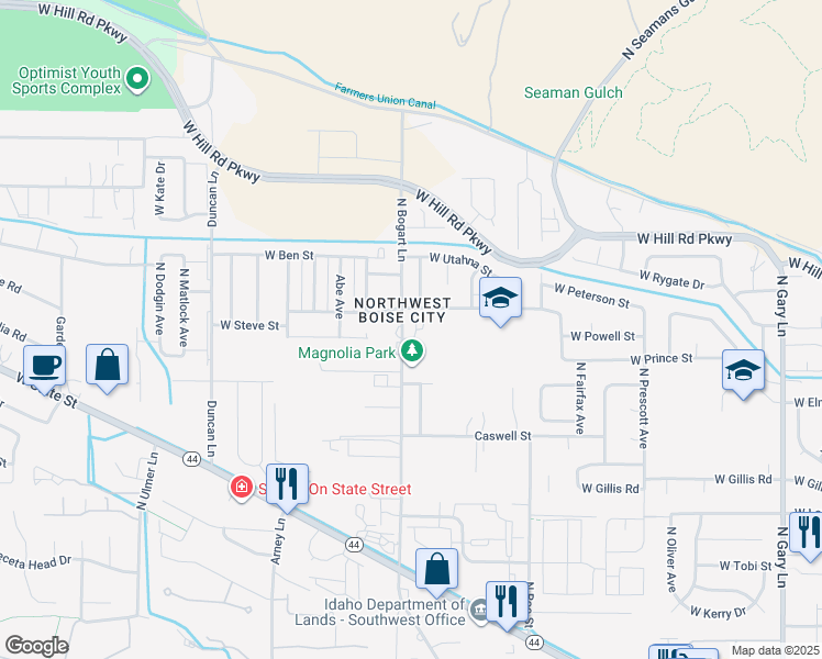map of restaurants, bars, coffee shops, grocery stores, and more near 7136 North Bogart Lane in Boise