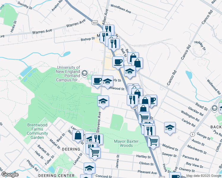 map of restaurants, bars, coffee shops, grocery stores, and more near 16 Saint Joseph Street in Portland