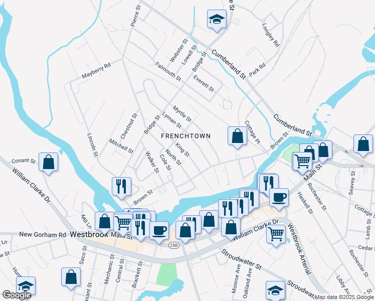 map of restaurants, bars, coffee shops, grocery stores, and more near 67 King Street in Westbrook