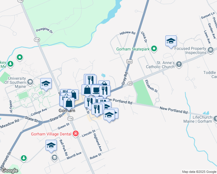 map of restaurants, bars, coffee shops, grocery stores, and more near 151 Main Street in Gorham