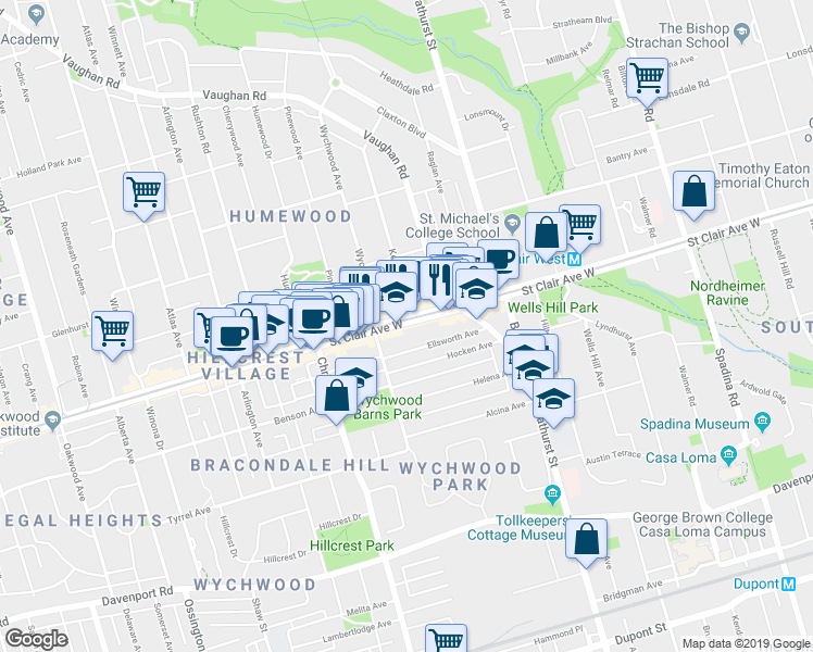 map of restaurants, bars, coffee shops, grocery stores, and more near in Toronto