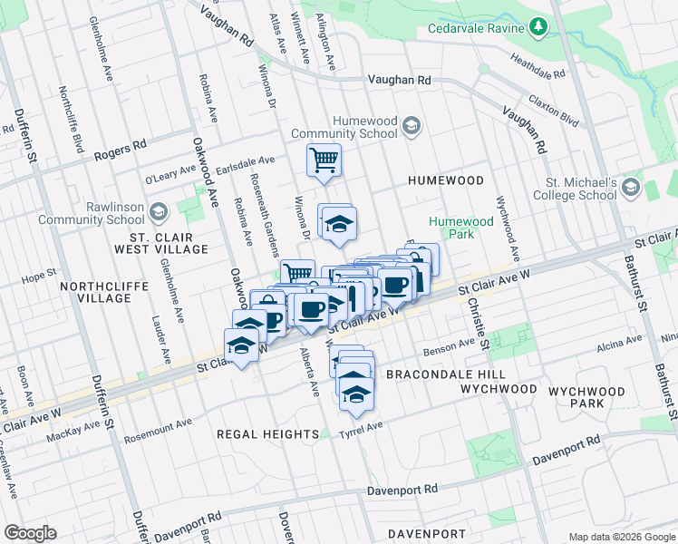 map of restaurants, bars, coffee shops, grocery stores, and more near 42 Atlas Avenue in Toronto
