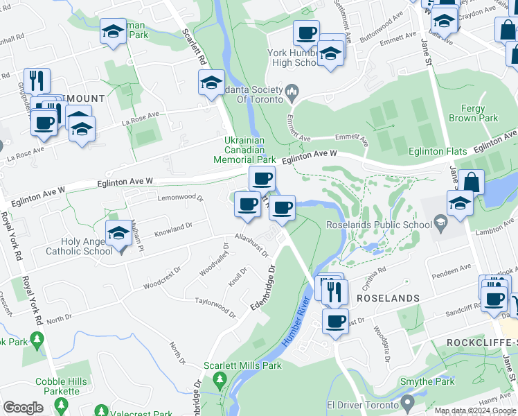 map of restaurants, bars, coffee shops, grocery stores, and more near in Toronto