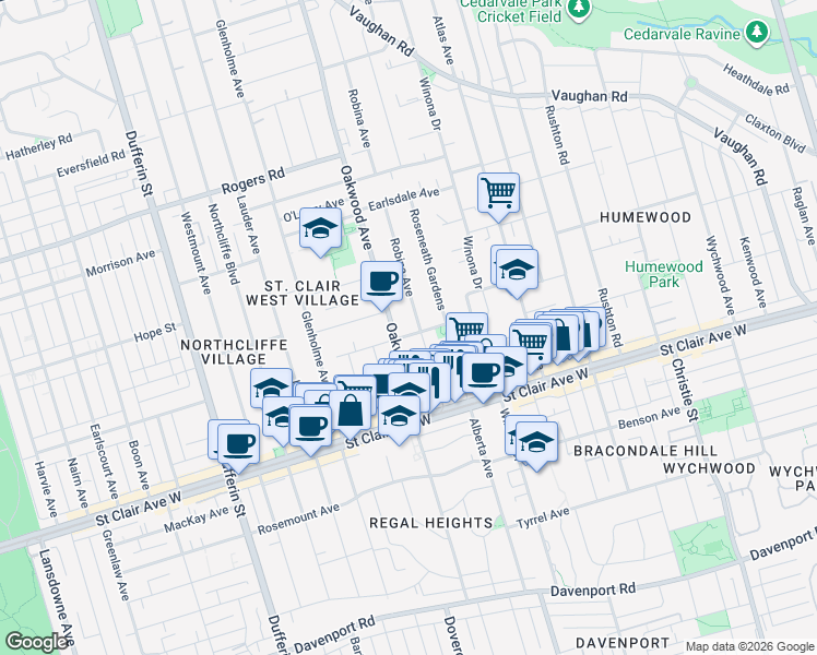 map of restaurants, bars, coffee shops, grocery stores, and more near 4 Glenhurst Avenue in Toronto