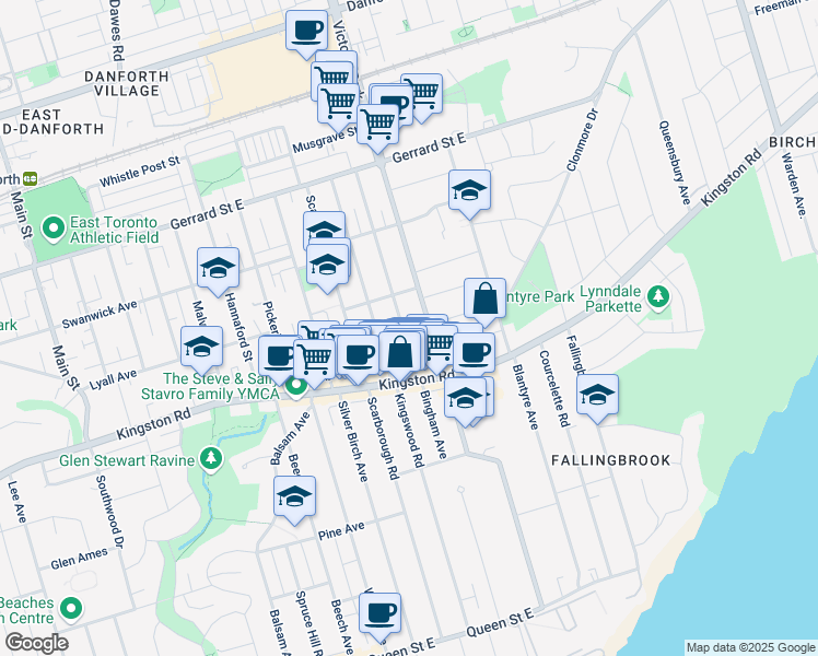 map of restaurants, bars, coffee shops, grocery stores, and more near 145 Bingham Avenue in Toronto
