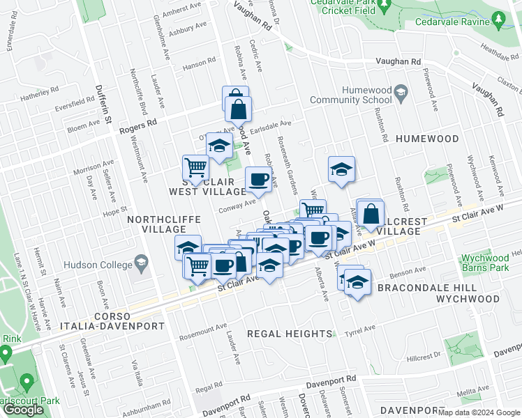 map of restaurants, bars, coffee shops, grocery stores, and more near 216 Oakwood Avenue in Toronto
