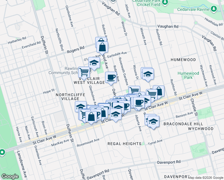 map of restaurants, bars, coffee shops, grocery stores, and more near 216 Oakwood Avenue in Toronto