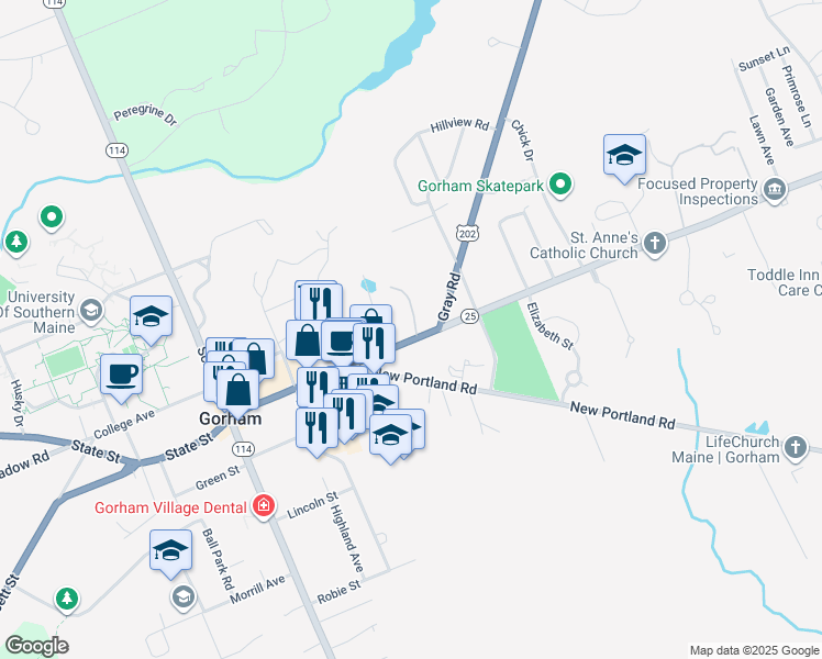 map of restaurants, bars, coffee shops, grocery stores, and more near 180 Main Street in Gorham