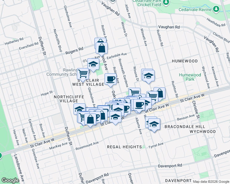 map of restaurants, bars, coffee shops, grocery stores, and more near 207 Oakwood Avenue in Toronto